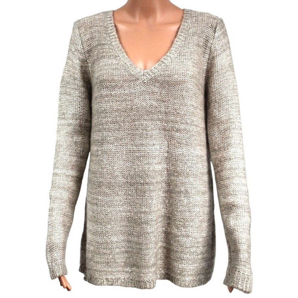 BB Dakota Medium V-Neck Long Sleeve Beige Knit Sweater Pullover